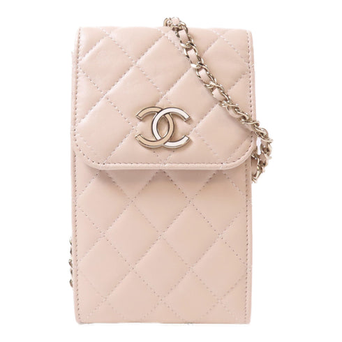 CHANEL Quilted CC GHW Chain Phone Shoulder Bag Lambskin Leather Beige