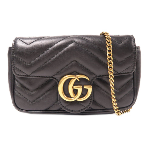 GUCCI GHW GG Marmont Super Mini Chain Shoulder Bag 476433 Chevron Leather Black