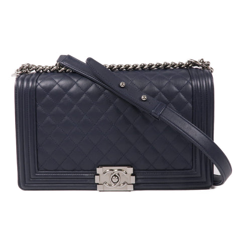 CHANEL CC SHW Boy 28 Shoulder Bag Lambskin Leather Navy