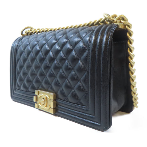 CHANEL Quilted CC GHW Boy Chanel Chain Shoulder Bag 67086 Calfskin Leather Black