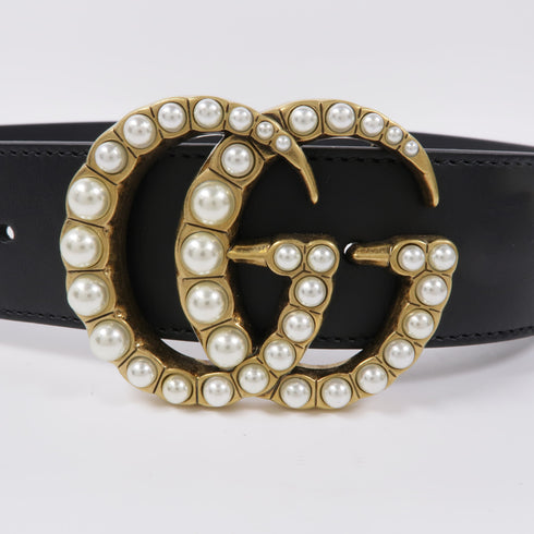 GUCCI GHW GG Marmont Pearls Belt 453260 Leather Black