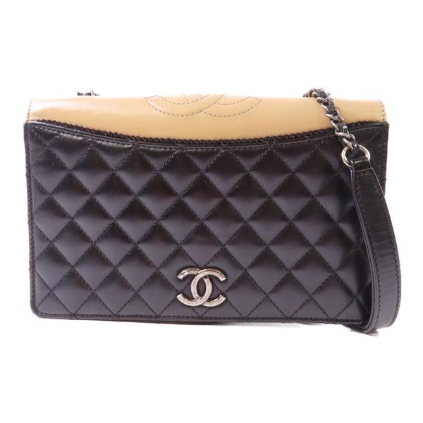 CHANEL Quilted CC SHW Chain Shoulder Bag Calfskin Leather Black Beige