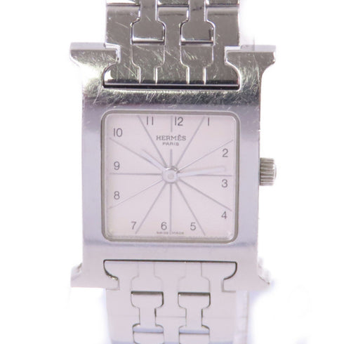 HERMES SHW Medium Heure H Quartz Watch Stainless Steel White Silver Tone Color