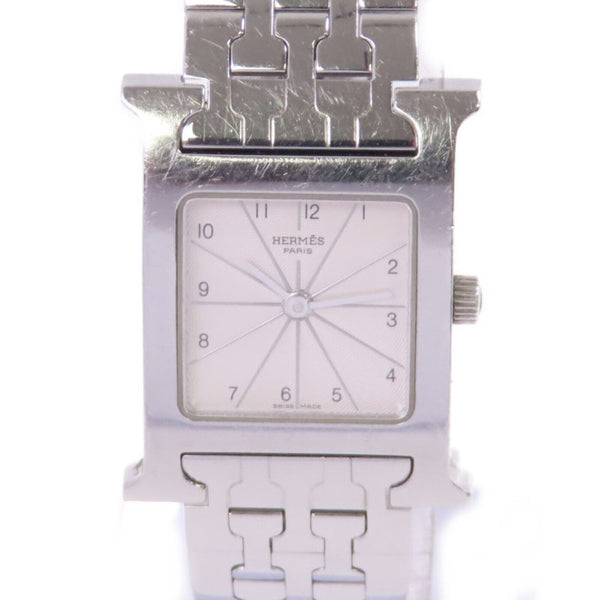 HERMES SHW Medium Heure H Quartz Watch Stainless Steel White Silver Tone Color