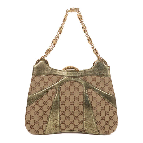 GUCCI GG GHW Chain Shoulder Bag Canvas Brown