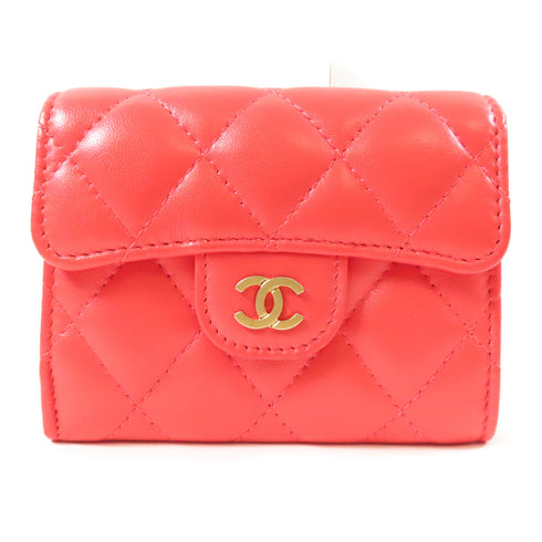 CHANEL Quilted CC GHW Card Case Lambskin Leather Red