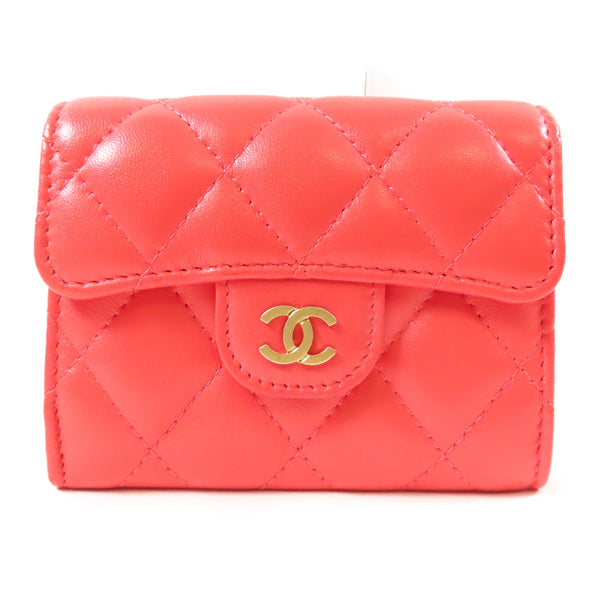 CHANEL Quilted CC GHW Card Case Lambskin Leather Red