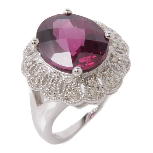 JEWELRY Garnet Diamond Ring 18K White Gold US#6.5
