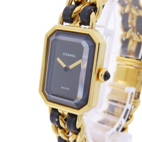 CHANEL CC Premiere L Quartz Watch Gold Plated Leather Black