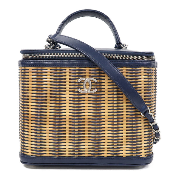 CHANEL CC SHW Chain Shoulder Bag Lambskin Leather/Rattan Blue