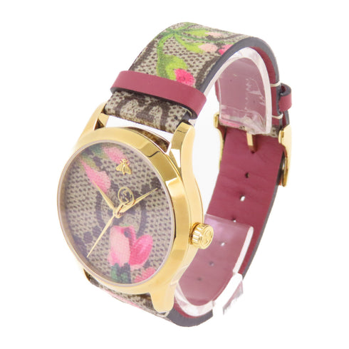 GUCCI GG Timeless Quartz Watch SS Coated Leather Belt YA1264038A Brown Pink