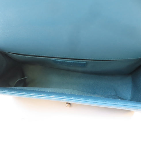 CHANEL Quilted CC Boy 25 Shoulder Handbag Lambskin Leather Turquoise Blue