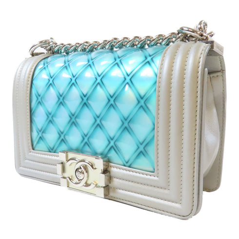 CHANEL Quilted CC SHW Water Boy Flap Chain Shoulder Bag PVC Leather Blue Grey