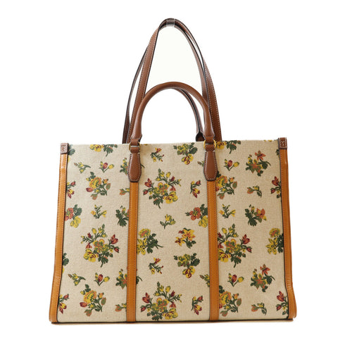 Tory Burch GHW Tote Bag 2 Way Bag Canvas/Calfskin Leather Beige/Yellow/Green