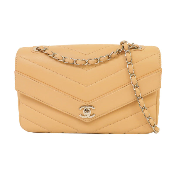 CHANEL CC SHW Chain Shoulder Bag Calfskin Leather Apricot Color