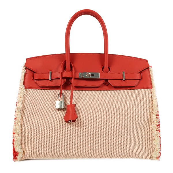 HERMES PHW Birkin 35 Fray Fray Handbag Swift leather/Canvas Framboise/Red
