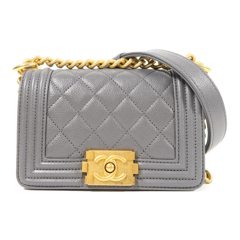 CHANEL Quilted CC GHW Mini Boy Chain Shoulder Bag Leather Grey