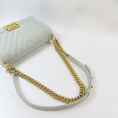 CHANEL Herringbone CC GHW Boy Chain Shoulder Bag Caviar Leather Grey