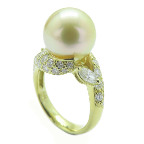 FINE JEWELRY 11.4mm Pearl 0.29ct Diamond Ring 18K Yellow Gold US#6.5
