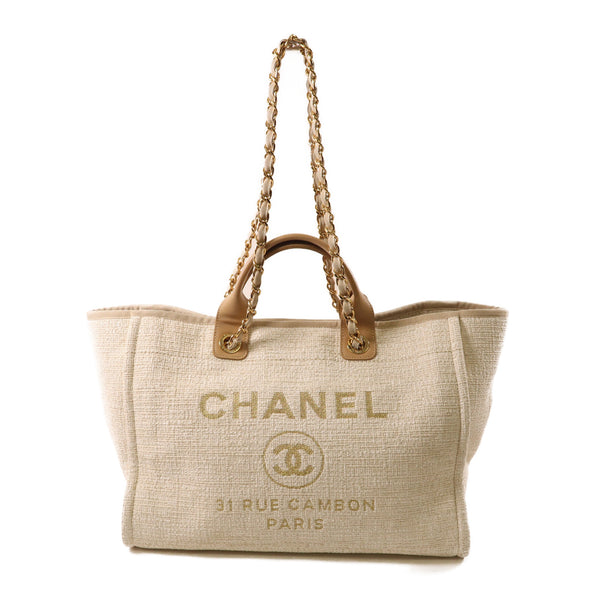 CHANEL CC GHW Deauville Tote Bag 2 Way Shoulder Canvas Straw