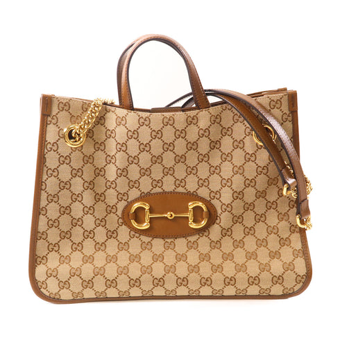 GUCCI GHW Horsebit 2 Way Shoulder Tote Bag 621144 GG Canvas Leather Brown