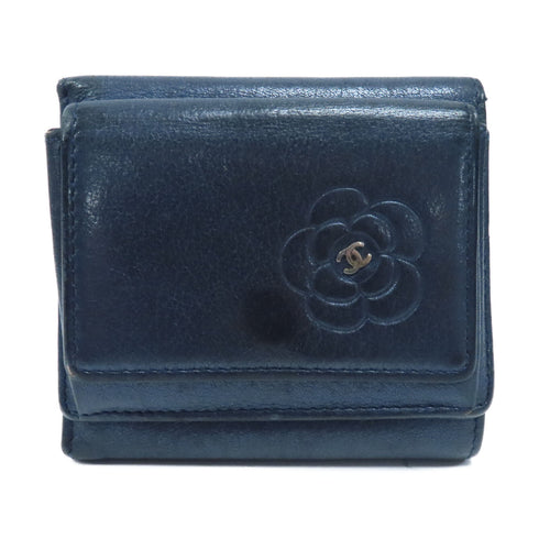 CHANEL CC SHW Camellia Fold Wallet Calfskin Leather Blue