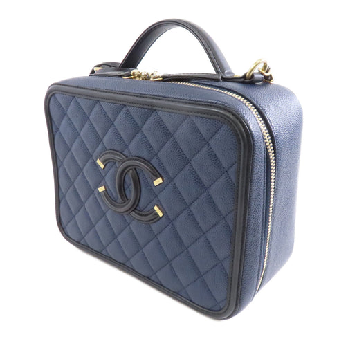 CHANEL Quilted CC GHW Vanity Case 2 Way Chain Shoulder Bag Leather Navy Black