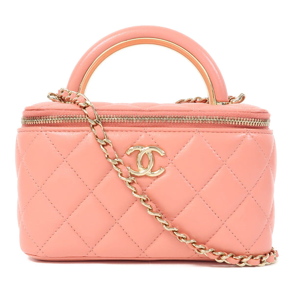 CHANEL Quilted CC GHW 2 Way Chain Shoulder Vanity Case Lambskin Leather Pink