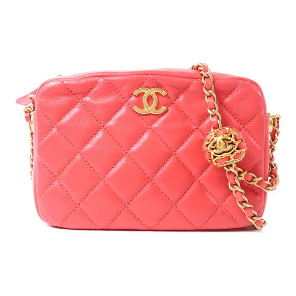 CHANEL CC GHW Chain Shoulder Bag Crossbody Lambskin Leather Red