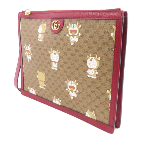 GUCCI GG GHW Gucci x Doraemon Clutch Bag 654503 Coated Canvas Brown Red