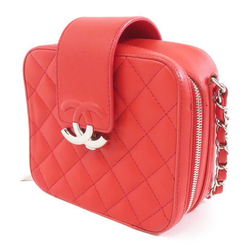 CHANEL Quilted CC SHW Chain Shoulder Bag Crossbody Calfskin Leather Red