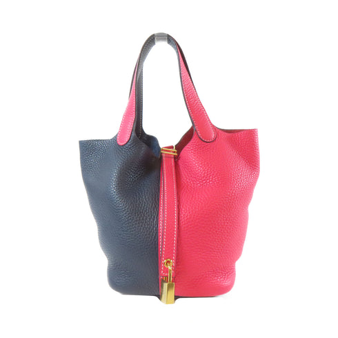HERMES GHW Picotin PM Tote Bag Handbag Taurillon Clemence Leather Dark Blue Pink