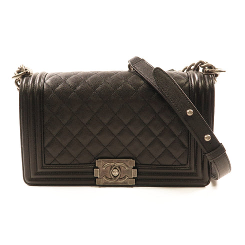 CHANEL CC Boy 25 Chain Shoulder Bag Calfskin Leather Black