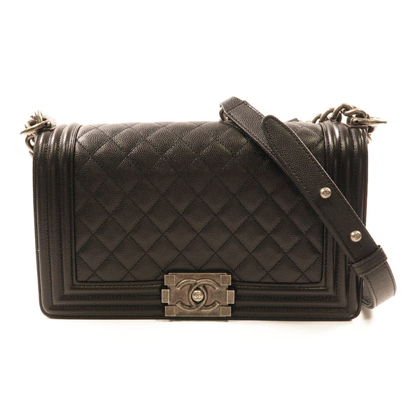 CHANEL CC Boy 25 Chain Shoulder Bag Calfskin Leather Black