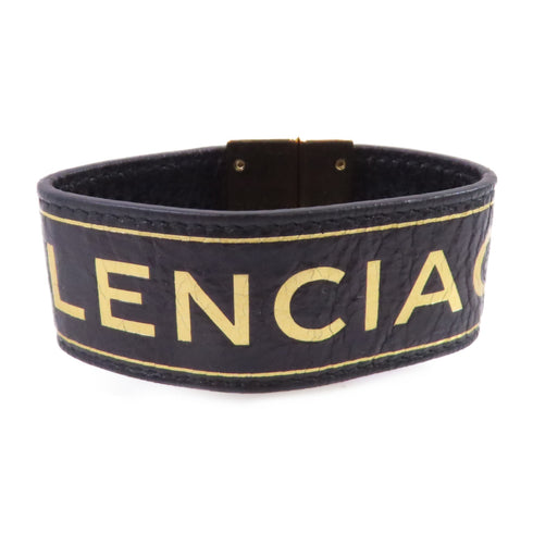 BALENCIAGA GHW Bracelet Bangle Calfskin Leather Metal Black Gold