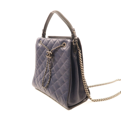 CHANEL CC GHW Bucket Bag 2Way Shoulder Hand Bag Calfskin Leather Blue