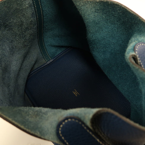 HERMES GHW Picotin MM Handbag Tote Bag Clemence Leather Deep Blue/Vert Bosphore