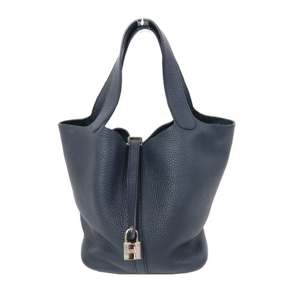 HERMES PHW Picotin MM Handbag Clemence Leather Blue Nuit