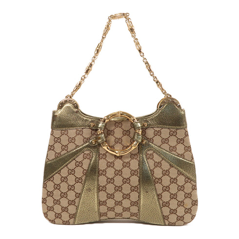 GUCCI GG GHW Chain Shoulder Bag Canvas Brown