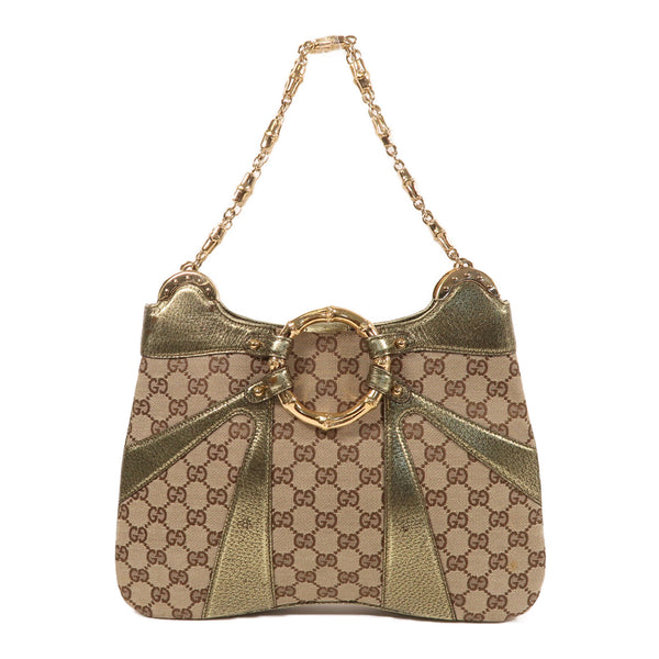 GUCCI GG GHW Chain Shoulder Bag Canvas Brown