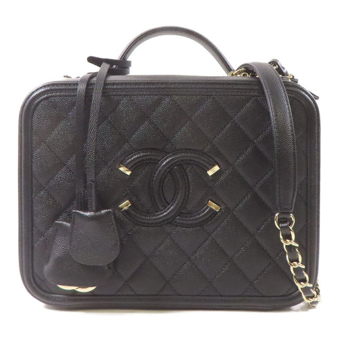 CHANEL CC GHW Filigree Vanity Case 2 Way Shoulder Handbag Calfskin Leather Black