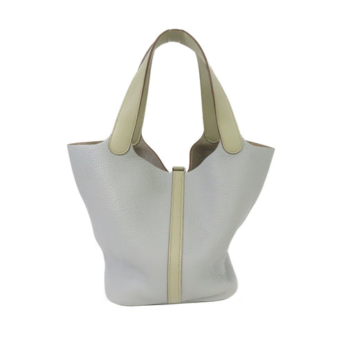 HERMES PHW Picotin MM Handbag Clemence Leather Bleu Glacier/Sauge