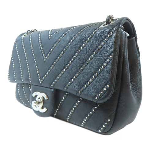 CHANEL Herringbone CC SHW Chain Shoulder Handbag Calfskin Leather Black