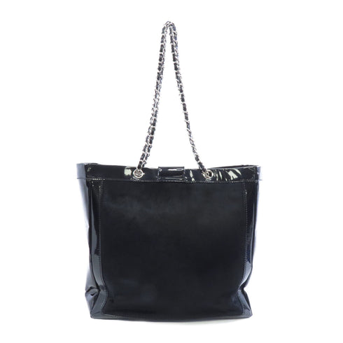 CHANEL CC Chain Shoulder Bag Horsehair Patent Leather Black