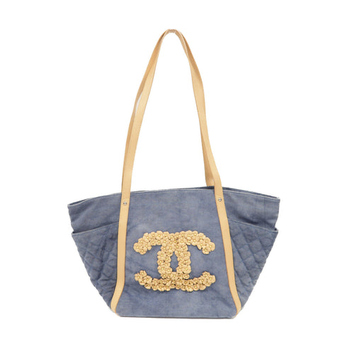 CHANEL Quilted CC SHW Flower Tote Tote Bag Handbag Denim Blue/Beige
