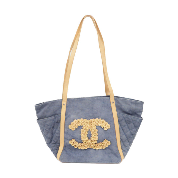 CHANEL Quilted CC SHW Flower Tote Tote Bag Handbag Denim Blue/Beige