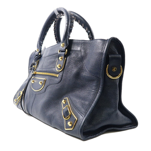 BALENCIAGA GHW Part Time 2 Way Shoulder Handbag 390159 Calfskin Leather Navy