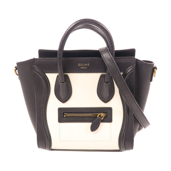 CELINE GHW Nano Luggage 2 Way Shoulder Bag Handbag Calfskin Leather Black White