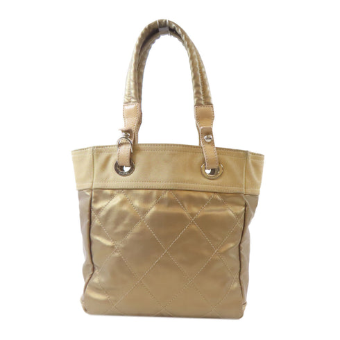CHANEL Quilted CC SHW Paris Biarritz Tote Bag Handbag PVC Coated Canvas Beige
