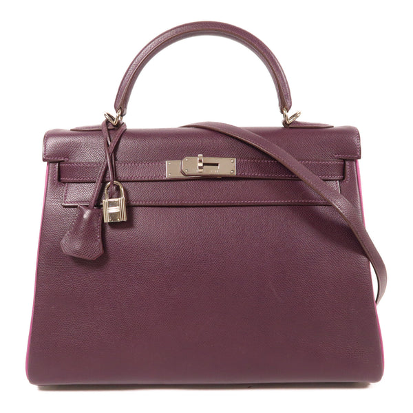 HERMES PHW Kelly 32 2 Way Shoulder Bag Veau Epsom Leather Raisin Rose Pourpre